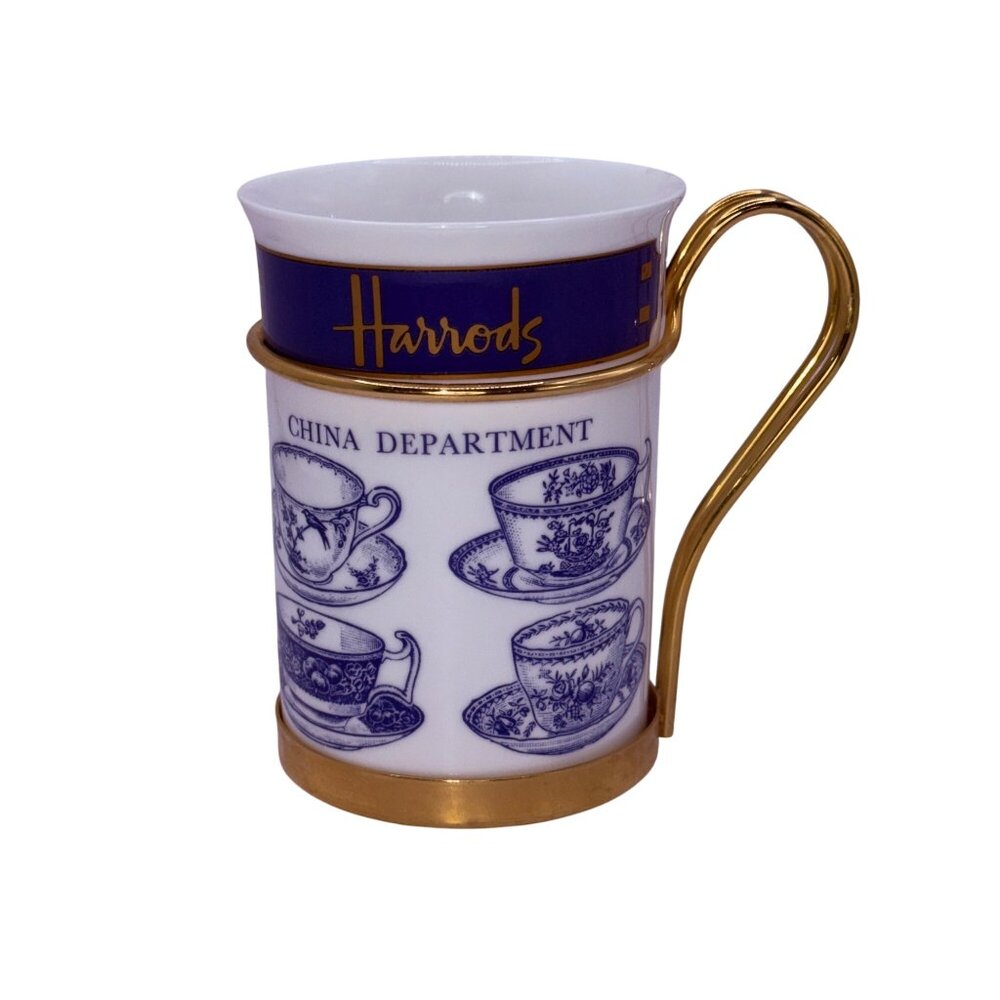 Vintage Harrods Fine Bone China Department Mug‎ Blue Teacup Brass Holder